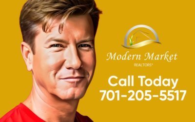 A smiling man in a red shirt is featured next to the Modern Market REALTORS® logo with the text “Call today 701-205-5517?” promoting real estate selling services in West Fargo, North Dakota.