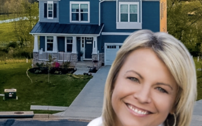 Composite image of Shannon Barnum smiling in the foreground with a blue two-story home at sunset behind her.