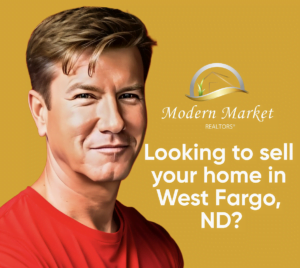 A smiling man in a red shirt is featured next to the Modern Market REALTORS® logo with the text “Looking to sell your home in West Fargo, ND?” promoting real estate selling services in West Fargo, North Dakota.
