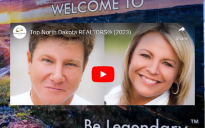 A ‘Welcome to’ billboard against a scenic backdrop, featuring the text ‘Be Legendary’ and an embedded YouTube thumbnail showing two smiling individuals labeled as top North Dakota REALTORS® (2023).