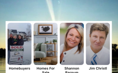 Carousel of four navigational cards: a family standing by a Modern Market REALTORS® sold sign labeled “Homebuyers”; a photo of a staged living room labeled “Homes For Sale”; a smiling female real estate agent headshot labeled “Shannon Barnum”; and a professional headshot labeled “Jim Christl.”