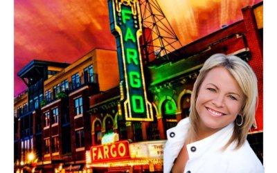 Composite image of the historic Fargo Theatre marquee glowing at sunset with a smiling Shannon Barnum portrait overlapping the right side