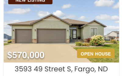 New listing: $570,000 home for sale at 3593 49 Street S, Fargo, ND. Open house. 6 bedrooms, 3 bathrooms, 3,193 square feet. Modern single-story home with triple garage and landscaped front yard.