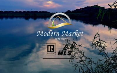 Modern Market REALTORS® logo over a scenic lake at sunset with silhouettes of lakeshore homes in the background.
