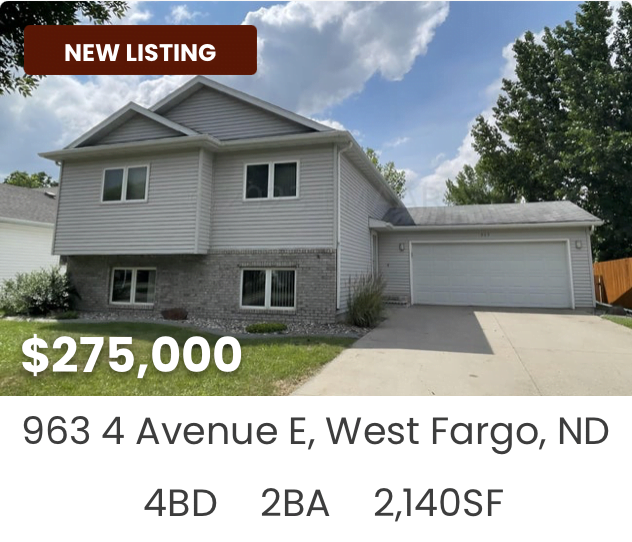 Bright move-in-ready 4-bedroom home in West Fargo with large driveway, spacious layout, and attached garage — listed for $275,000