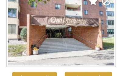 Listing card showing the One Riverside condominium entrance with a brown brick facade, a canopy reading “One Riverside,” and a set of stairs up to the lobby. Below the photo are two gold buttons labeled “View Details” and “Ask Question.”