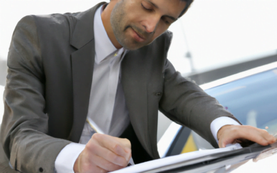 Office manager writing contract on car
