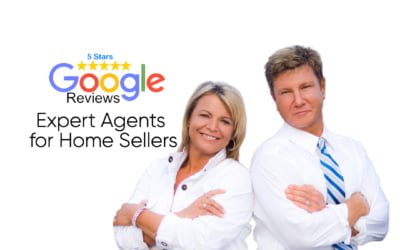 Jim Christl and Shannon Barnum standing back-to-back with arms crossed, smiling confidently, alongside a “5 Stars Google Reviews” badge and the text “Expert Agents for Home Sellers."