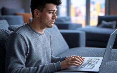 A young adult from Generation Z sitting on a modern couch, focused on researching home buying options on a laptop, symbolizing the challenges and financial caution Gen Z faces in the 2025 housing market.