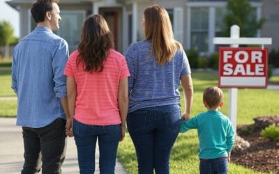 Happy family of home buyers looking at a house with a 'For Sale' sign in the front yard, excited about their new home.