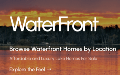 Scenic lake at sunset with text overlay reading “WaterFront – Browse Waterfront Homes by Location. Affordable and Luxury Lake Homes For Sale.