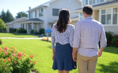 Couple holding hands while touring a quiet, well-kept suburban neighborhood with modern homes and lush green lawns—symbolizing the journey to live where you love.
