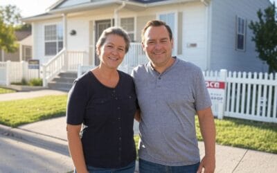 Smiling man and woman standing in front of their home with a 'For Sale' sign, ready to sell with Modern Market REALTORS®