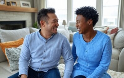 Couple sitting in their home, packing boxes and preparing for their upcoming move with the help of a moving checklist.