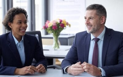 A professional man and woman in business attire smiling and discussing documents in an office setting, with a "FAQ" sign and a vase of flowers in the background.