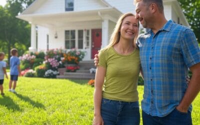 Happy couple with their children in the background, standing in front of the home they just purchased with the help of Modern Market REALTORS®