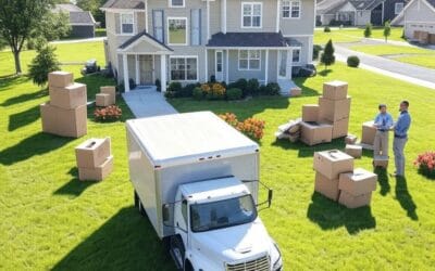 Moving truck with boxes and people unloading, helping a family move into their new home with assistance from Modern Market REALTORS® relocation services