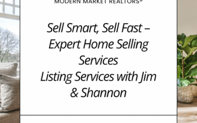 Promotional graphic with the text “Sell Smart, Sell Fast – Expert Home Selling Services. Listing Services with Jim & Shannon” over a modern living room background.