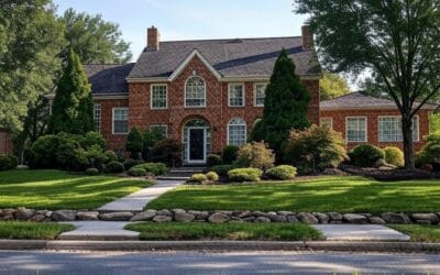 Large two-story brick home with a well-manicured lawn, green grass, neatly trimmed bushes, and a sidewalk in a suburban neighborhood.