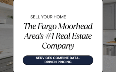 A promotional overlay on a modern kitchen background reading “Sell Your Home” above “The Fargo Moorhead Area’s #1 Real Estate Company” with a button labeled “Services Combine Data-Driven Pricing