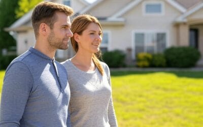 Smiling couple standing outside a suburban townhome, exploring homes for sale in Fargo-Moorhead.