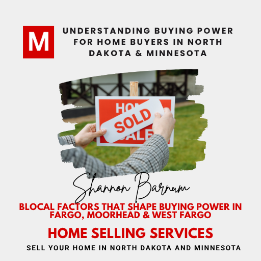 Marketing graphic with red ‘M’ logo and a photo of hands placing a ‘SOLD’ sticker on a home-for-sale sign, promoting ‘Understanding Buying Power for Home Buyers in North Dakota & Minnesota,’ highlighting local factors for Fargo, Moorhead & West Fargo, and ‘Home Selling Services’ by Shannon Barnum of Modern Market REALTORS®