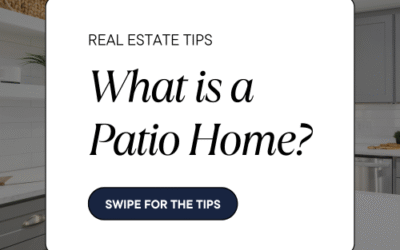 Modern kitchen background with overlay text asking, "What is a Patio Home?" — real estate tips post.