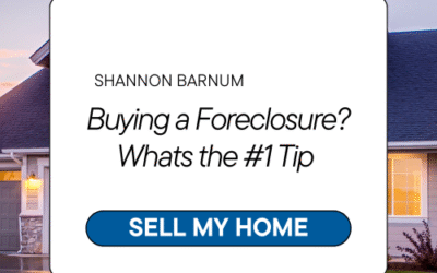Modern suburban home at dusk with a real estate tip overlay from Shannon Barnum about the #1 tip for buying a foreclosure.