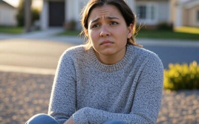 Worried homeowner sitting outside in a neighborhood, reflecting on the challenges of selling a home during the 2025 housing market slowdown