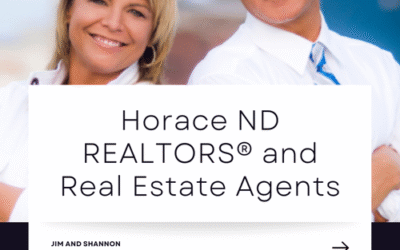 Jim and Shannon, real estate agents in Horace ND, standing confidently in front of a modern background.