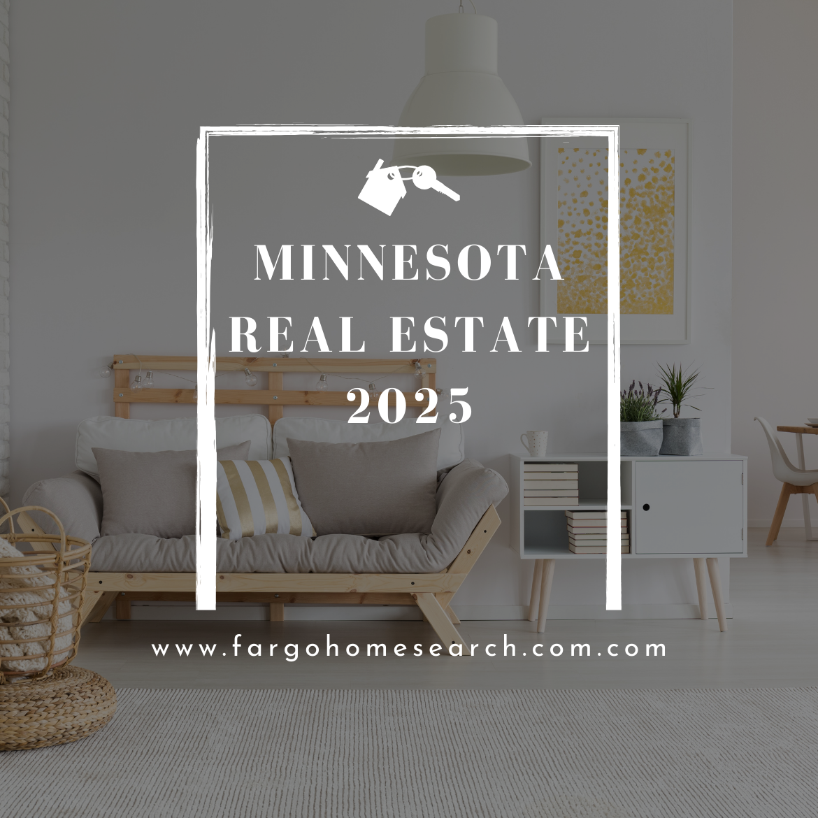 Modern living room with Scandinavian‑style sofa, graphic overlay reading ‘Minnesota Real Estate 2025’