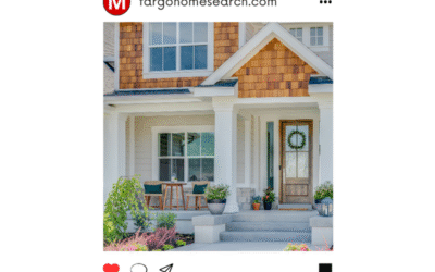 Instagram-style frame from fargohomesearch.com showing the front porch of a move-in ready home with seating and decorative wreath, set against a bold red background with the caption “Move-in Ready Homes For Sale.”
