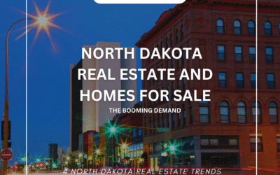 Nighttime streetscape of downtown Fargo with historic brick buildings and light trails, overlaid with the text “North Dakota Real Estate and Homes for Sale – The Booming Demand.