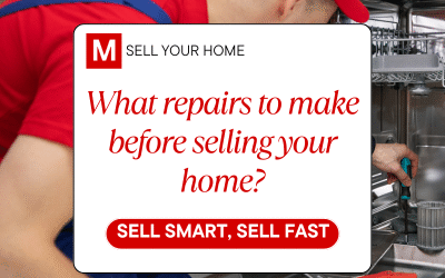 A repair technician in a red cap and uniform working on a built-in dishwasher, overlaid with a Modern Market REALTORS® graphic reading “What repairs to make before selling your home?” and a red “Sell Smart, Sell Fast” button