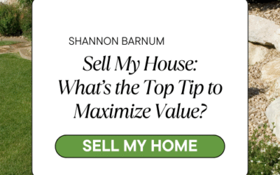 Landscaped front yard with branded overlay card asking “Sell My House: What’s the Top Tip to Maximize Value?” and a green “SELL MY HOME” button.