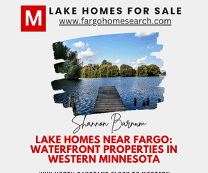 Lakefront view with dock and trees in Western Minnesota. Real estate graphic promoting lake homes near Fargo by Modern Market REALTORS®