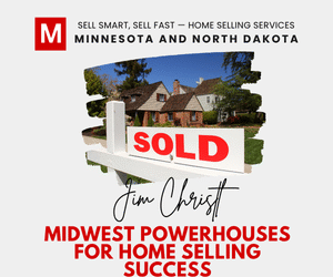 Modern Market REALTORS® graphic Minnesota & North Dakota home selling, with a SOLD yard sign before a house and “Jim Christl” signature.