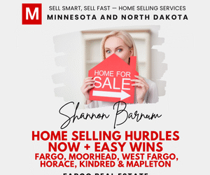 Promotional graphic for Fargo-Moorhead real estate services: A smiling blonde woman in professional attire holds a large red "Home for Sale" sign against a modern gray background. Overlay text reads "Sell Smart, Sell Fast – Home Selling Services Minnesota and North Dakota," with agent name "Shannon Barnum" in elegant script, and headline "Home Selling Hurdles Now + Easy Wins Fargo, Moorhead, West Fargo, Horace, Kindred, Mapleton.
