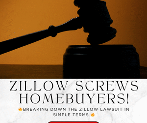 A judge’s gavel silhouetted against a golden background, with headline text reading “Zillow Screws Homebuyers! Breaking Down the Zillow Lawsuit in Simple Terms.”