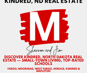 Kindred ND Real Estate graphic featuring the Modern Market REALTORS® red “M” logo with Shannon and Jim branding, promoting small-town living, top-rated schools, and real estate near Fargo, Moorhead, West Fargo, Horace, Kindred, and Mapleton.