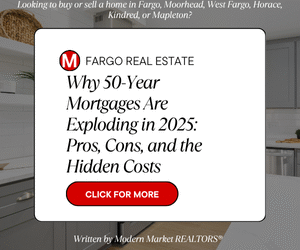 Real estate promotional graphic featuring the headline ‘Why 50-Year Mortgages Are Exploding in 2025: Pros, Cons, and the Hidden Costs’ with Modern Market REALTORS® branding, a red call-to-action button, and a modern kitchen background.