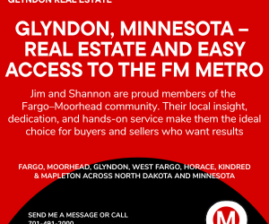 Glyndon, Minnesota real estate graphic featuring Modern Market REALTORS® branding, highlighting easy access to the Fargo–Moorhead metro, local expertise from Jim and Shannon, and service areas including Fargo, Moorhead, Glyndon, West Fargo, Horace, Kindred, and Mapleton.