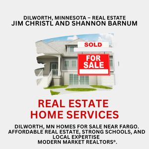 Dilworth Minnesota real estate graphic showing a home with a “For Sale” sign, promoting real estate home services by Modern Market REALTORS®.